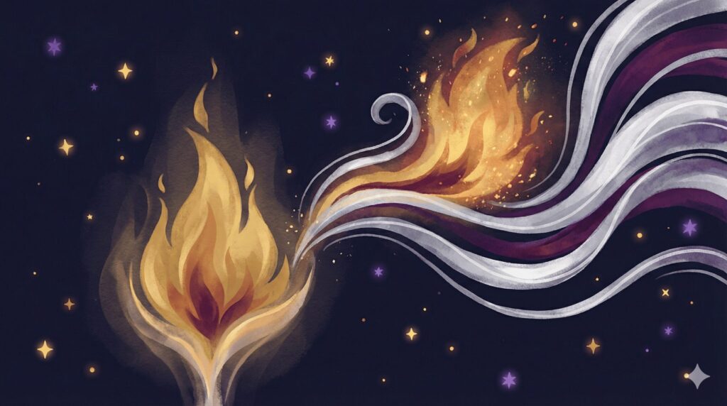 金色の炎と銀白色の風が交わり炎が大きく燃え上がる様子を描いた神秘的なイラスト。火と風のエレメント相性を視覚化