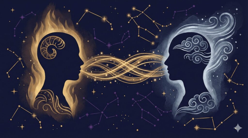 暖色と寒色のオーラを持つ2つのシルエットが金色の光で対話する神秘的なイラスト。星座の背景に星座パターン