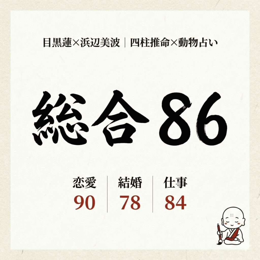 目黒蓮と浜辺美波の相性点数（総合86点、恋愛90点、結婚78点、仕事84点）をまとめた図