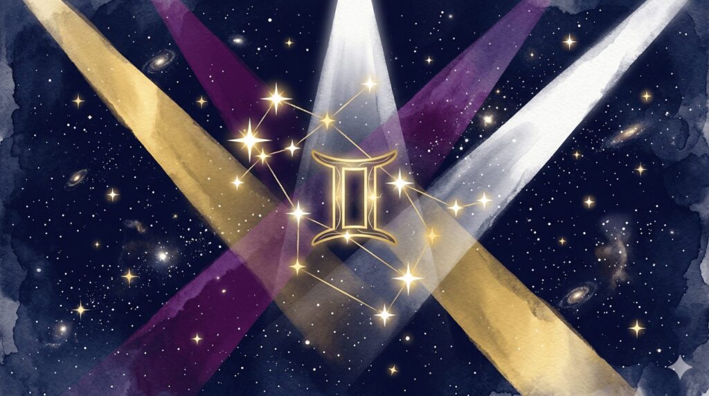 2026年の双子座の運勢を象徴するイラスト。ホロスコープの中央に輝く双子座のシンボルと分岐する光の道