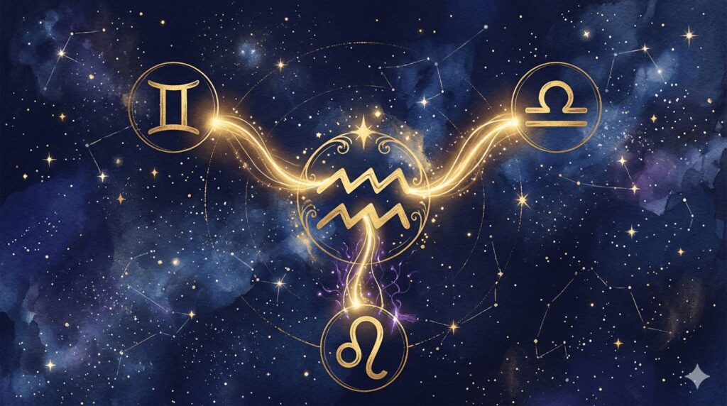 水瓶座のシンボルを中心に双子座・天秤座・獅子座のシンボルが配置された相性イメージ