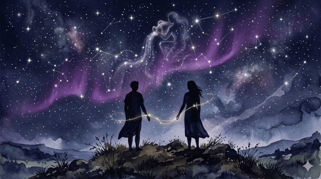 二つのシルエットが星空の下で少し距離を置いて並んでいる神秘的なイラスト