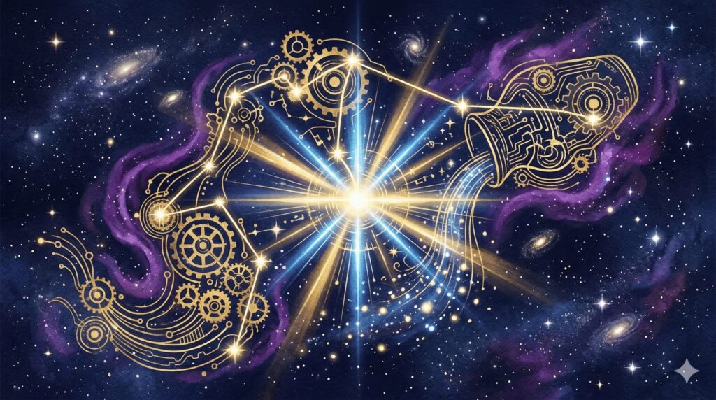 宇宙空間に浮かぶ歯車と星座のモチーフが組み合わさった水瓶座の仕事イメージ