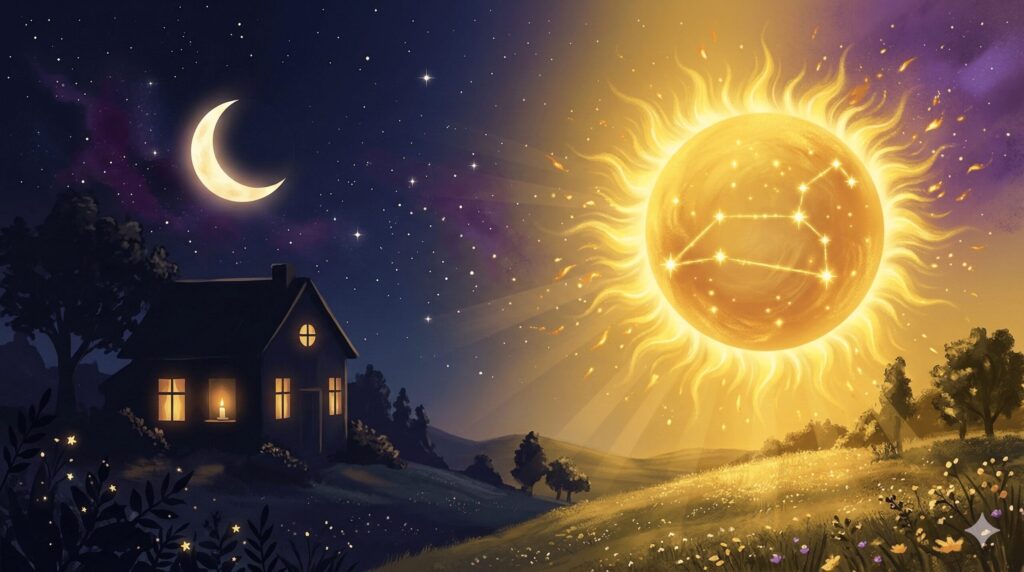 左半分が静かな月夜、右半分が太陽と獅子座の輝きで表す2026年牡羊座の前半後半の運気