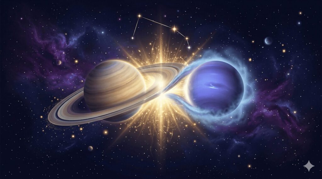 土星と海王星が牡羊座で重なる2026年の天体配置を表す神秘的なイラスト