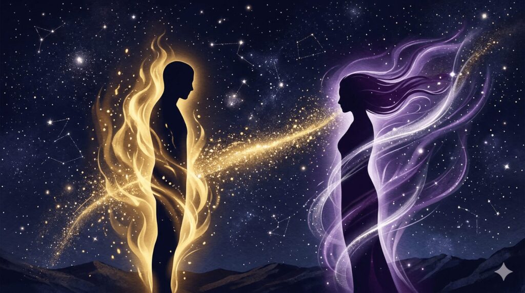 炎のシルエットと風のシルエットが星空の下で向かい合い、金色の光が二人の間を流れる神秘的なイラスト