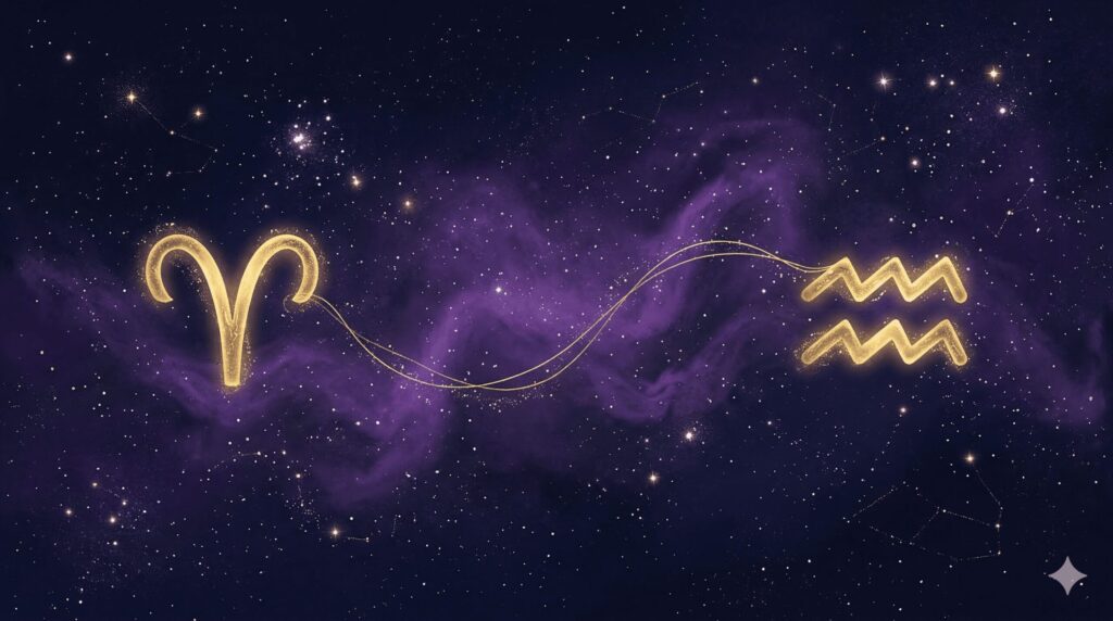 星空の下で二つの星座シンボルが金色の糸で緩やかにつながり、適度な距離を保つ様子を描いた神秘的なイラスト