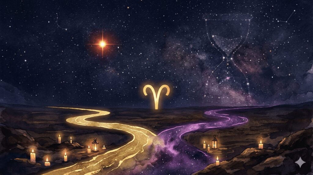 星空の下に分岐する2本の光の道が描かれた神秘的なイラスト、牡羊座のシンボルが上空に浮かぶ