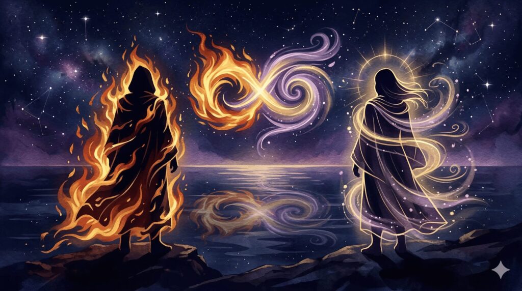 星空の下で2つのシルエットが会話するように向かい合い、間に火と風のエレメントモチーフが交差する神秘的なイラスト