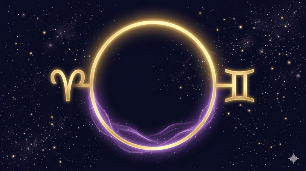 深紺の背景に2つの星座シンボルが金色の輪でつながり、安定と変化の対比を表現した占星術的イラスト