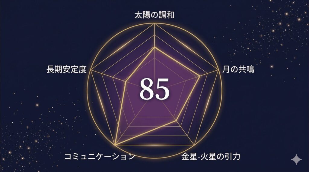 牡羊座と双子座の天庵式相性指数85点を5角形レーダーチャートで表示した図。コミュニケーション適合が最高値、長期安定度がやや低い
