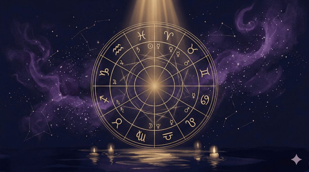 ホロスコープチャートが金色に光り輝き、中央に導きの光が差し込む神秘的なイラスト