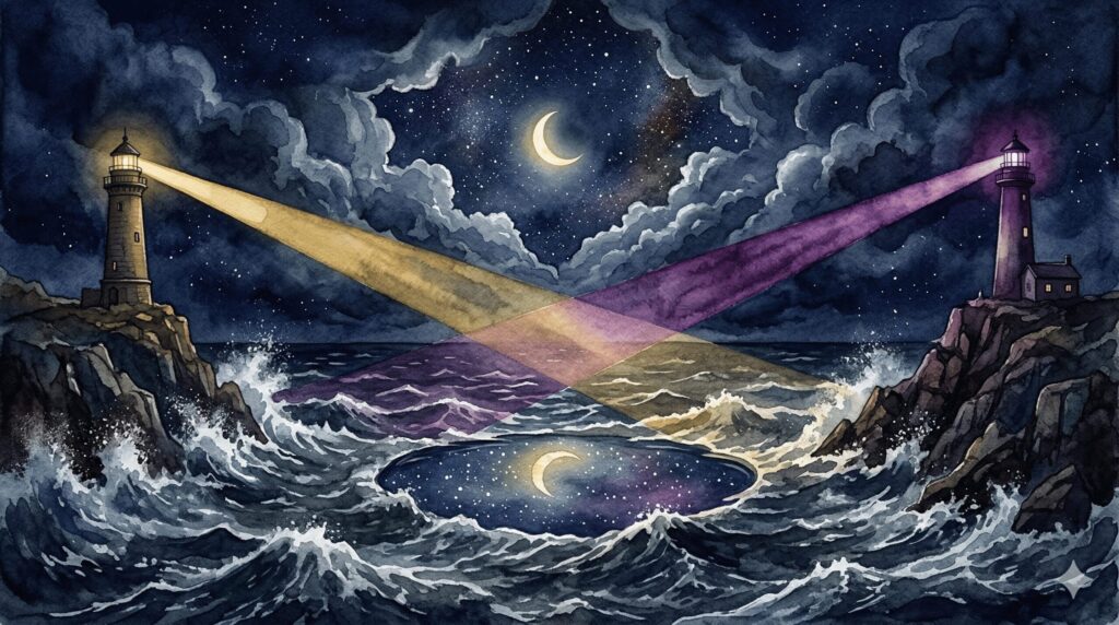 嵐の中で輝く灯台のような光を放つ2つの星のイラスト。牡羊座と獅子座の長期安定度における課題と希望を表現。荒波の上に浮かぶ2つの光が互いを照らし合う。