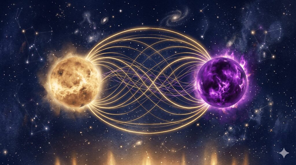 金色の星と紫色の星が磁力線で引き合う神秘的なイラスト。牡羊座と獅子座の恋愛的引力を表現。星空を背景に2つの天体が光の糸で結ばれている。