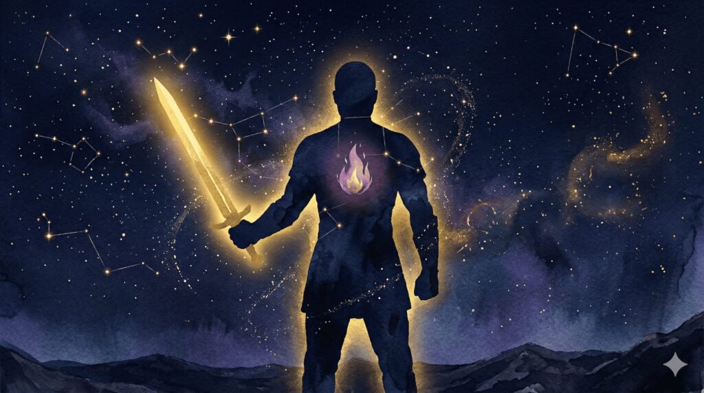 光の剣を持つ戦士のシルエットと、その影の中に浮かぶ小さな炎を表現した神秘的なイラスト