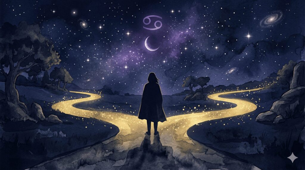 光と影が交差する分岐点に立つシルエットと蟹座のシンボルが描かれた深紺のイラスト