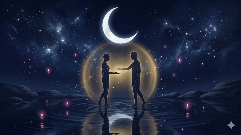 月明かりの下で2つのシルエットが寄り添い、片方が静かに手を差し伸べている神秘的なイラスト