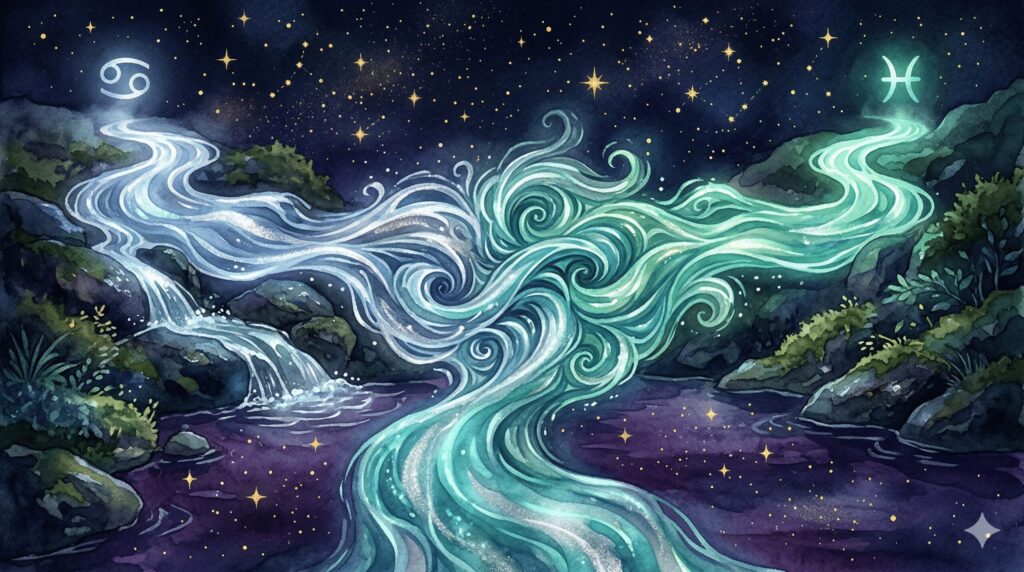 2つの水の流れが混ざり合い境界が見えなくなっていく様子を描いた神秘的なイラスト