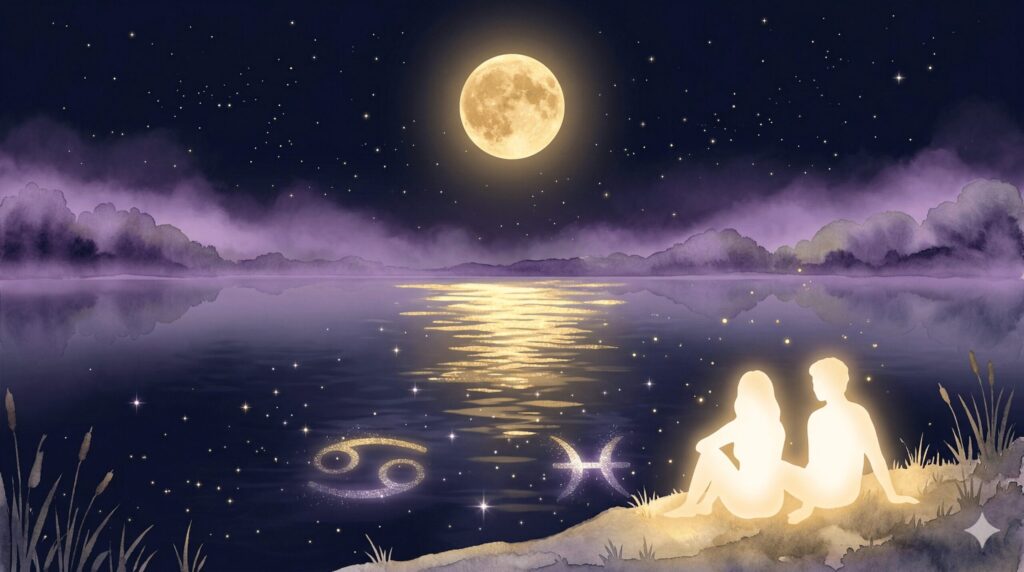 金色の月明かりに照らされた穏やかな水辺で2つの光の輪郭が寄り添う神秘的なイラスト