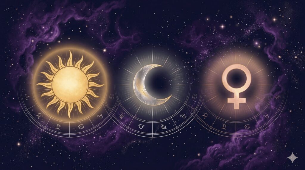 太陽・月・金星の3天体が深紺の星空に並び、それぞれの役割を象徴する光を放つ神秘的なイラスト