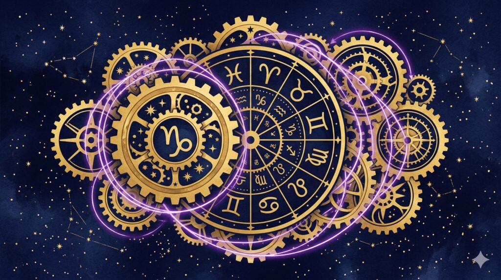 金色の歯車と星座盤が重なり土台を組み替える様子を示す神秘的なイラスト