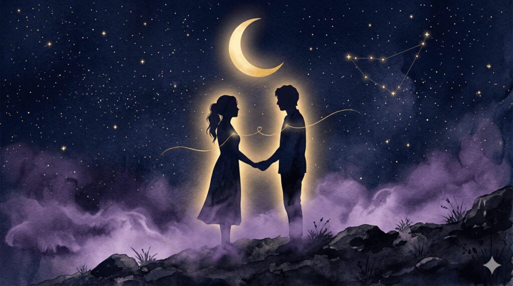 二人のシルエットが月明かりの下で向かい合い金色の光が結ぶ神秘的なイラスト