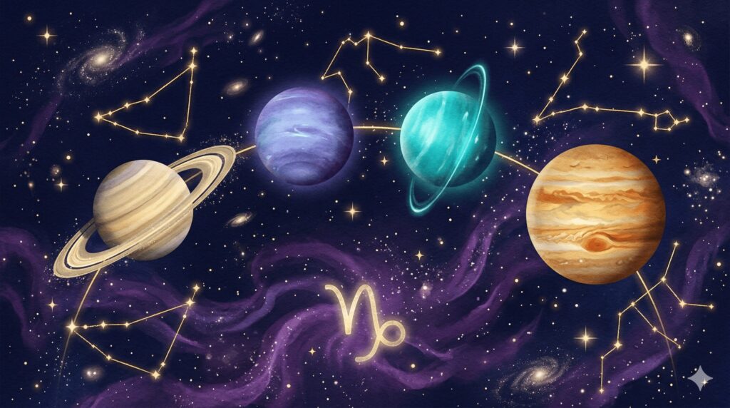 土星・海王星・天王星・木星の4惑星が星空に並び山羊座の土台を照らす神秘的なイラスト