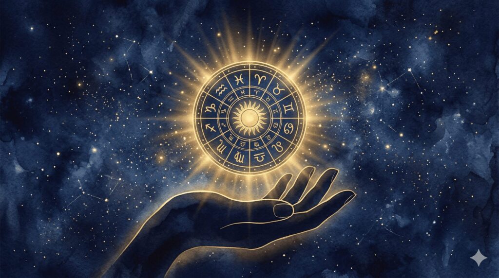 双子座を象徴する星座シンボルとスポットライトのイラスト。複数の光がステージを照らすイメージ