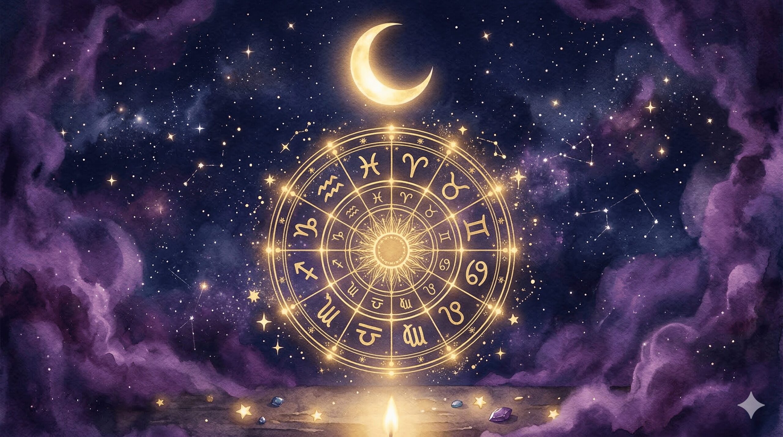 ホロスコープと月のモチーフが金色に光る個別鑑定・サービス案内のイラスト