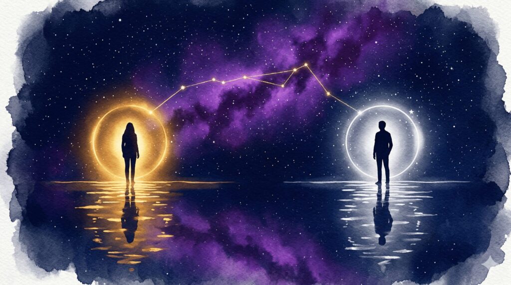 暖かい光と涼しい光に包まれた2つのシルエットが水面の上で向かい合う神秘的なイラスト