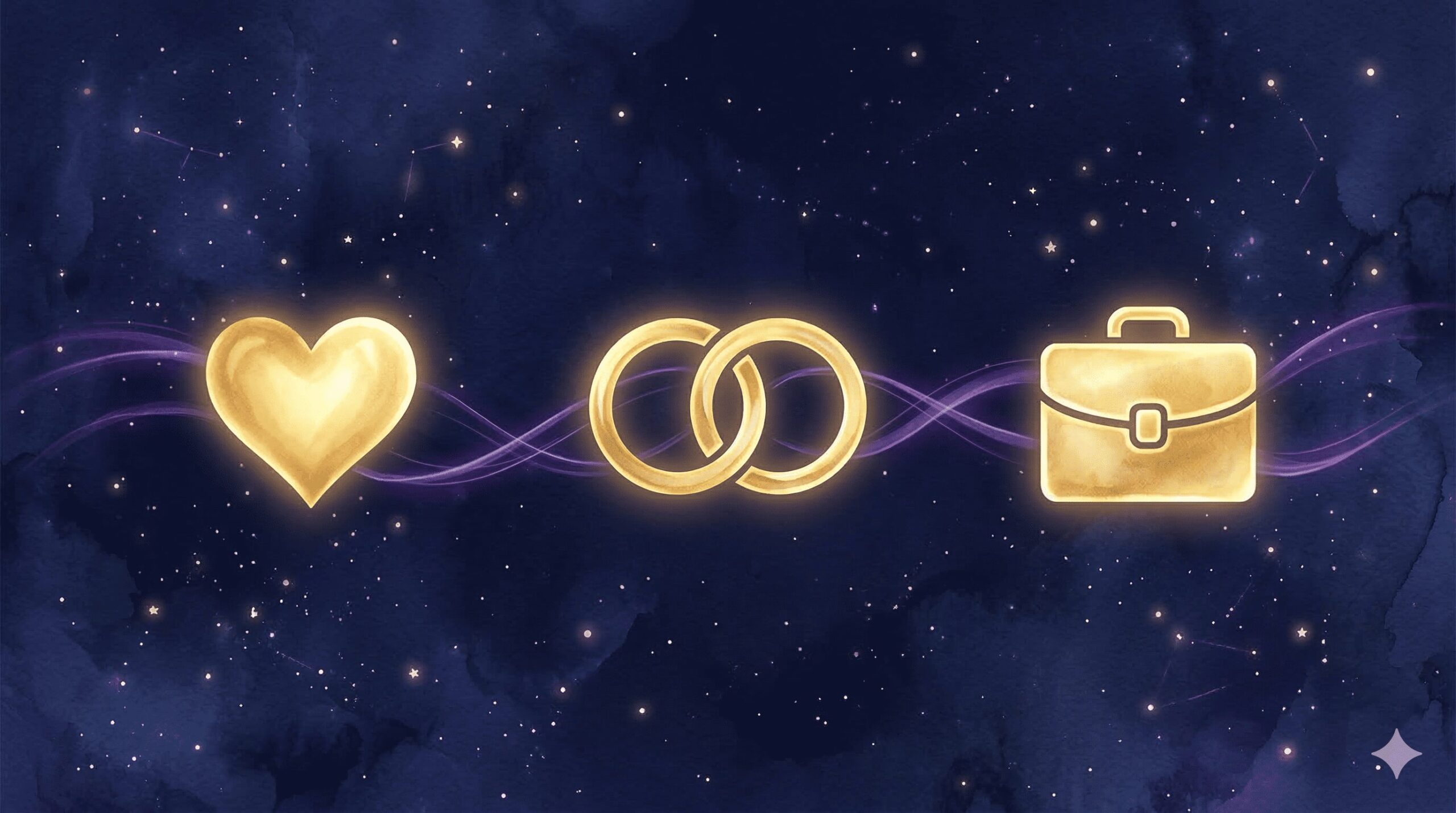 恋愛・結婚・仕事の3つのアイコンが星空の中に並ぶ相性の読み方ガイドイラスト