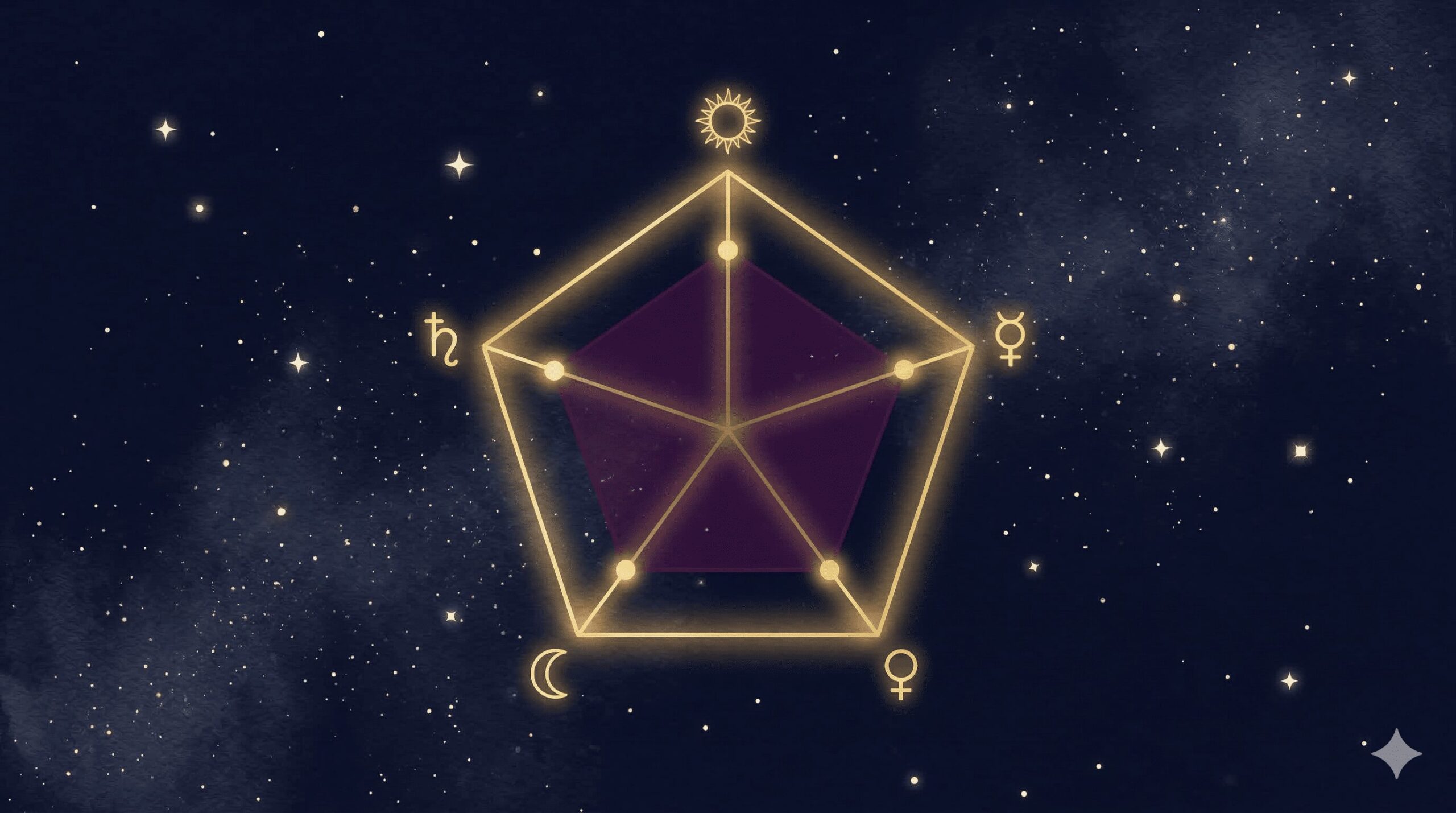 5角形のレーダーチャートが深紺の背景に金色で描かれた天庵式相性指数の概念図