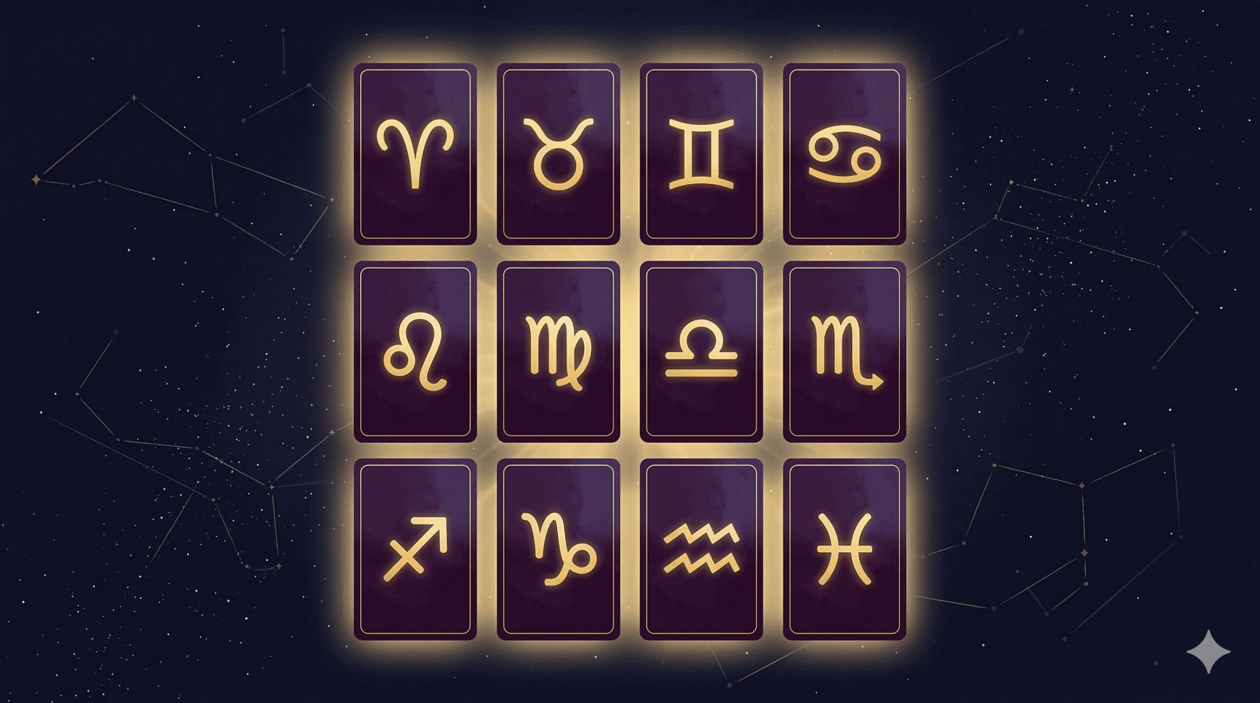 12星座のシンボルが描かれたカードが格子状に並ぶ2026年運勢一覧のイメージイラスト