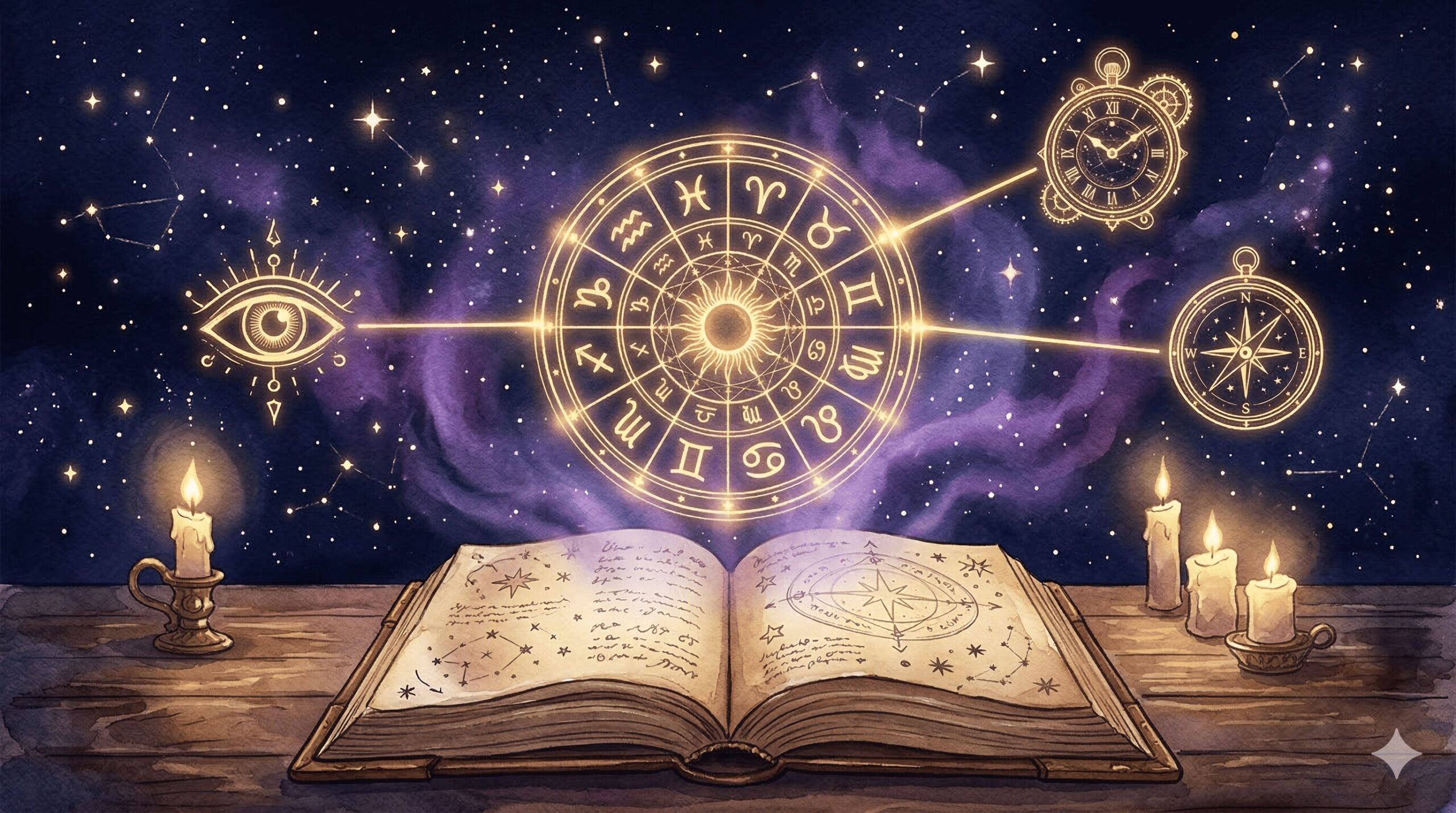 星座のホロスコープチャートと本のモチーフを組み合わせた運勢の読み方ガイドイメージイラスト