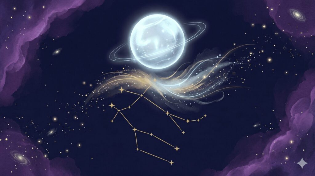 天王星の光が双子座の星座に降り注ぐ、2026年の変革を象徴する神秘的なイラスト