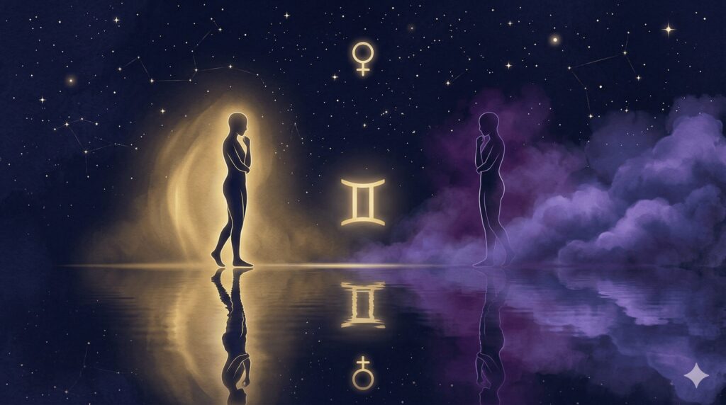 金色と紫の光に包まれた二つのシルエットが水面に立つ、双子座の恋愛運を象徴するイラスト