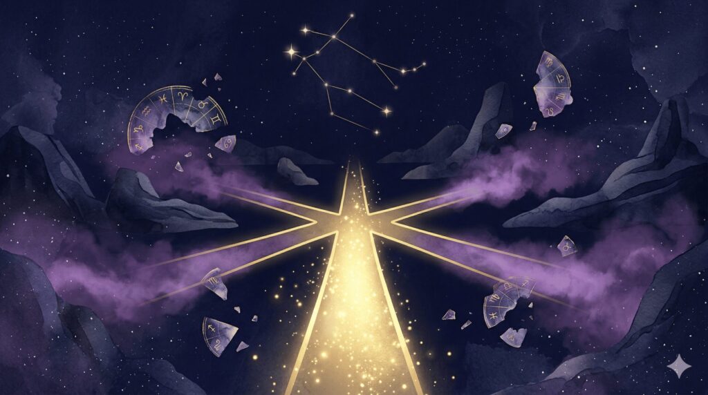 五本の道が分岐する交差点で一本だけが金色に輝く、双子座の仕事運を象徴するイラスト