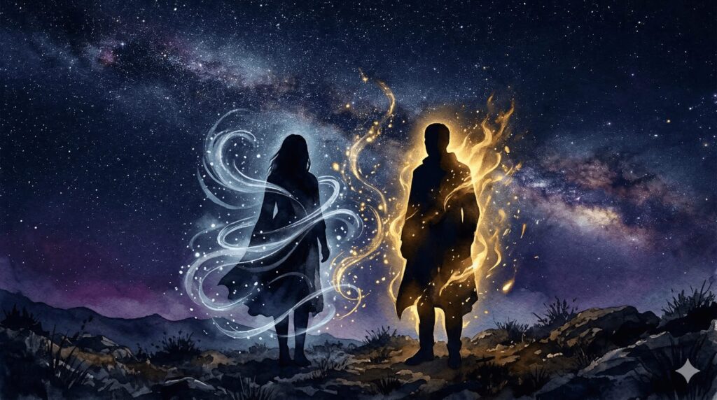 星空の下で風と炎のエネルギーが交わる双子座と獅子座のシルエットイラスト