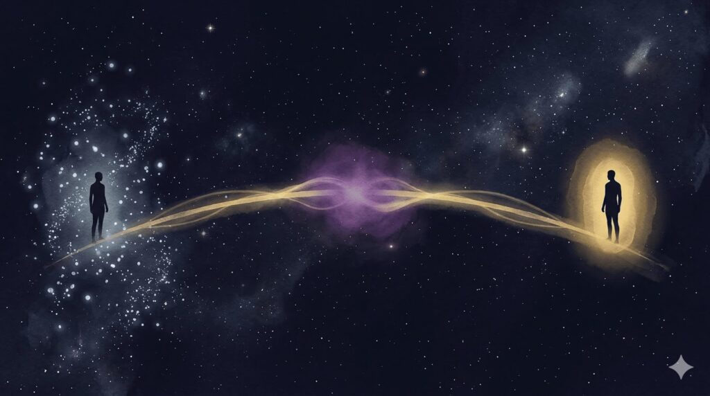 星空の橋の上で距離を取りつつも光が混じり合う2つのシルエットのイラスト