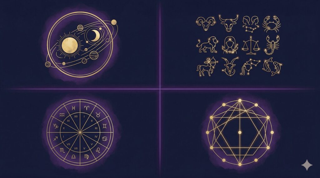 ホロスコープの基本4要素（天体・サイン・ハウス・アスペクト）を4つのアイコンで表した概念イラスト