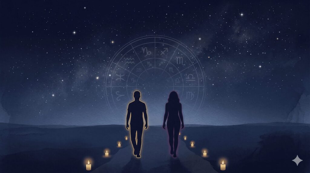 獅子座と水瓶座が並んで歩む日常と協働を表現した落ち着いたイラスト