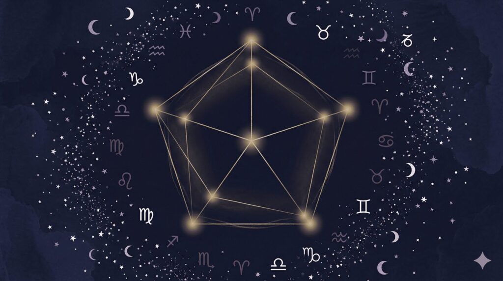 天庵式相性指数の5軸レーダーチャートをイメージした星座モチーフの背景イラスト