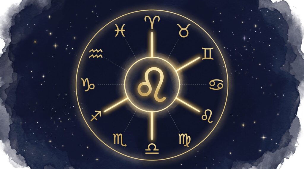 獅子座を中心に他の星座シンボルが配置された相性を示す星座イラスト