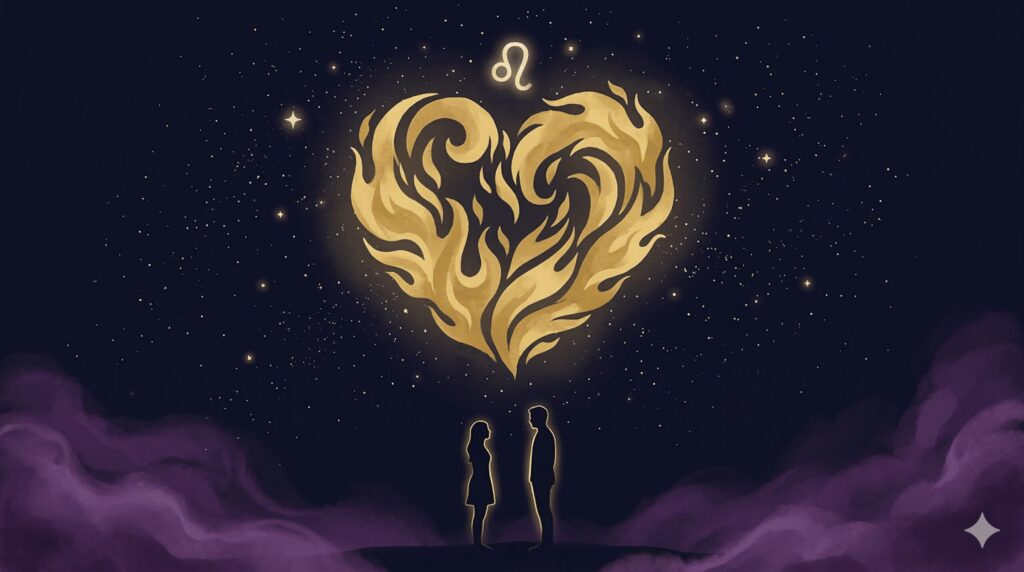 炎のようなハートと星座シンボルをモチーフにした獅子座の恋愛イメージイラスト