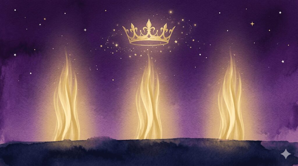 金色の王冠と3つの光の柱をモチーフにした獅子座の性格を表すイラスト