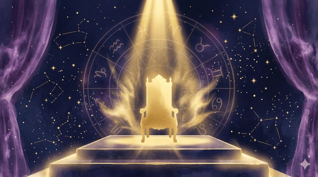 光る玉座と星のモチーフで表現した獅子座の仕事におけるリーダーシップイラスト