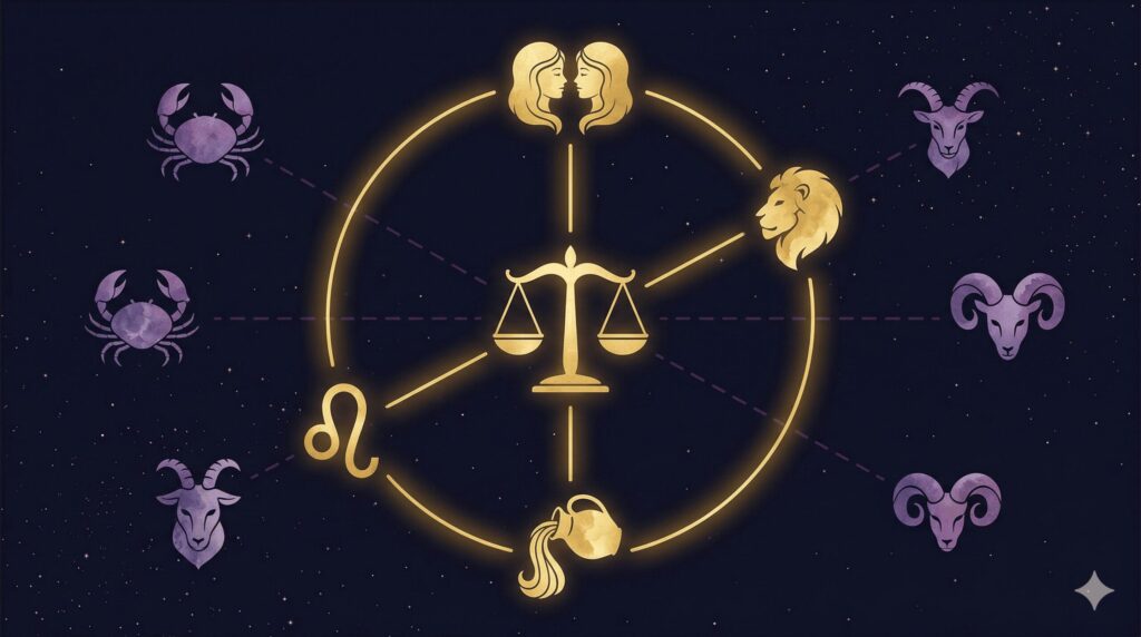 天秤座のシンボルを中心に相性の良い星座のシンボルが金色の線で結ばれた星座マップ風の神秘的なイラスト