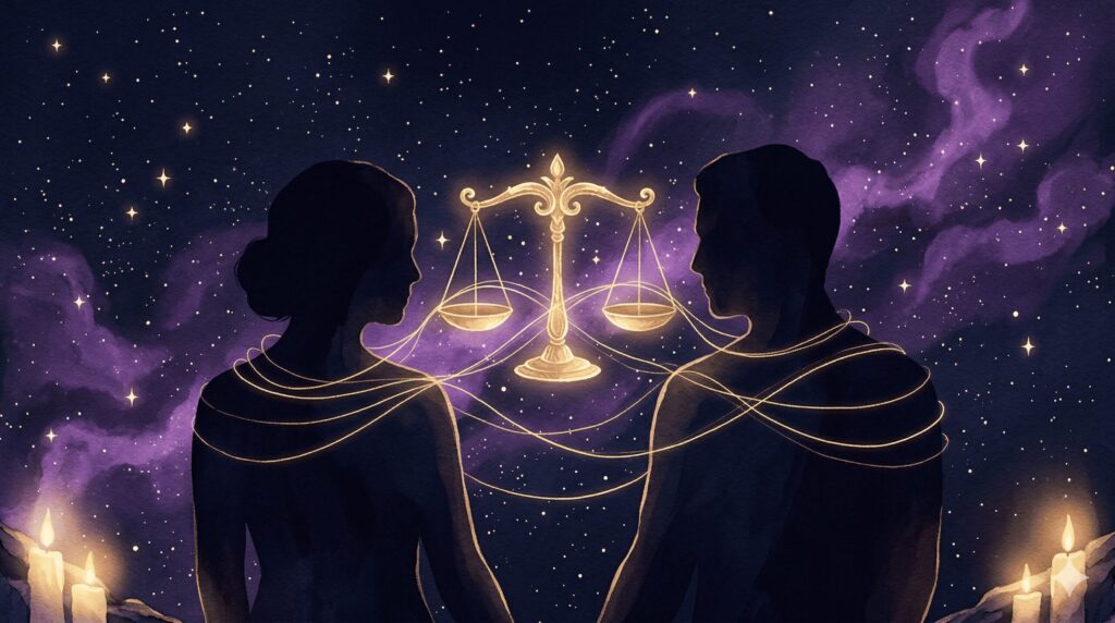 2つの人物シルエットが金色の天秤のモチーフを挟んで向き合い深紺の星空に浮かぶ神秘的なイラスト