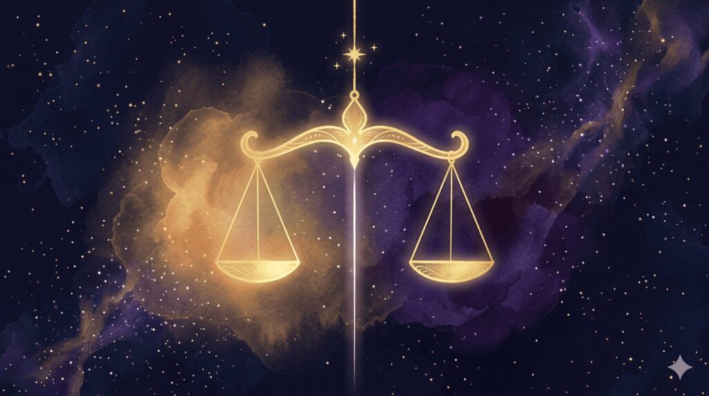 天秤のシルエットが均衡を保ちながら光と影の間に立つ神秘的なイラスト