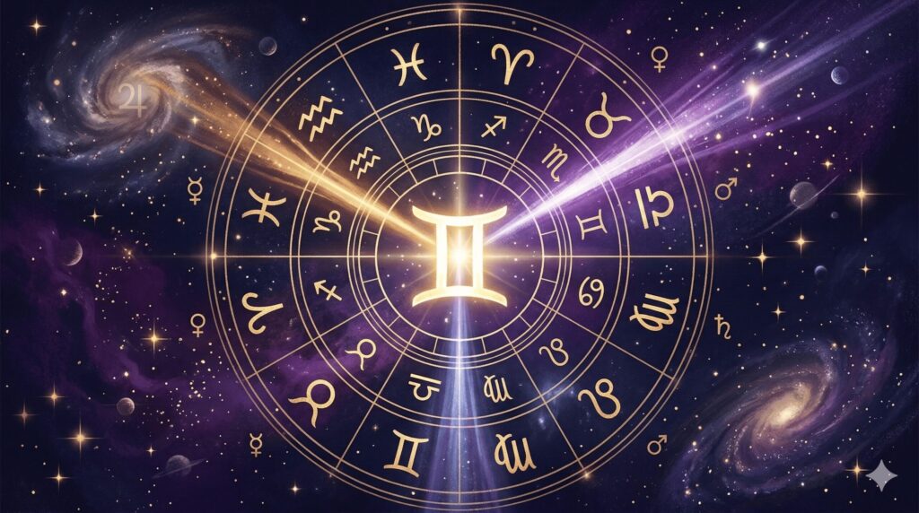 双子座の恋愛を象徴するイラスト。星空の下で2つの光の軌跡が絡み合いながら伸びていく